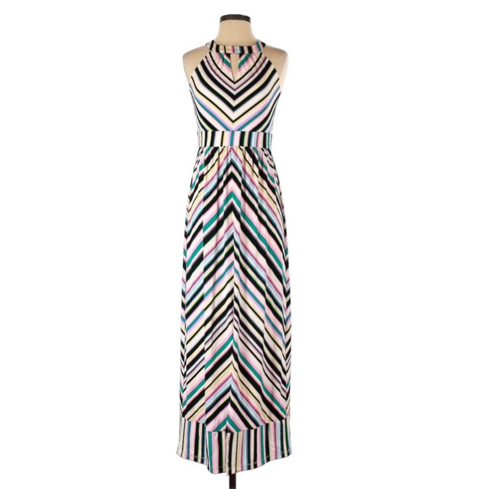 Roz & Ali Keyhole striped Maxi dress Split  XS New with Tags
